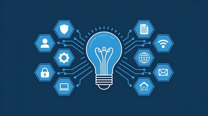 Conceptual illustration of a lightbulb symbolizing ideas connected to various digital information and technology related concepts.