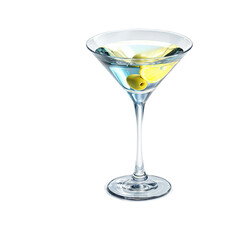 Clear martini glass filled with light blue liquid, garnished with olives and lemon slice
