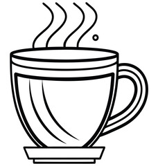 A steaming hot coffee or tea mug vector icon with a brown saucer for a morning breakfast beverage
