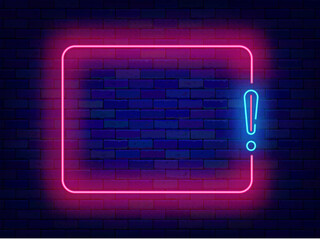 Attention neon flyer. Special offer. Best surprise. Empty pink frame and exclamation mark. Vector stock illustration