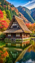 Fototapeta premium Traditional Japanese thatched-roof cottage with a wooden beam structure against a backdrop of vibrant autumn foliage and a serene mountain lake