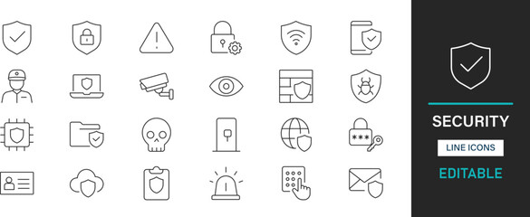 Minimalist line security icons pack. Lock, shield, firewall, encryption, password, antivirus, camera, safe, key, identity, authentication and editable icons.