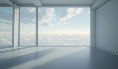 Fototapeta premium Modern Empty Office Space with Panoramic Sky Views