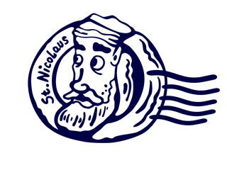 Vector illustration of a dark blue seal with the image of Saint Nicholas the Miracle Worker on a white isolated background
