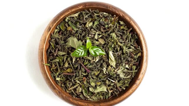 A wooden bowl filled with fragrant green tea leaves, perfect for serving and brewing