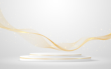 Multi-layered white podium with elegant gold wave lines on the back for product presentation. Display of cosmetic products. Stage or podium. vector illustration	
