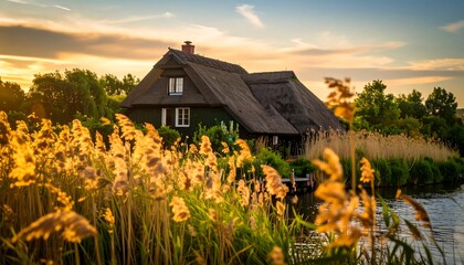 Sunset view of thatched-roof house by water