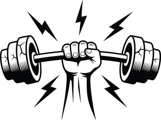 Powerful fist gripping cracked barbell with lightning bolts symbolizing strength