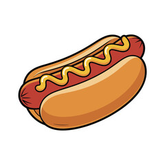 Cartoon illustration of a hot dog with mustard in a bun on white background with clean bold lines and stylized design