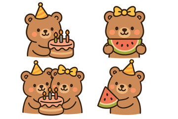 Obraz premium Cute cartoon bears celebrating birthday party. Kawaii teddy character set with cake and watermelon. Vector illustration collection for kids greeting cards and stickers.