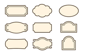 Set of decorative vintage frames for labels and signage. Retro classic border collection for tags, banners, or plaques. Minimalist flat vector illustration design element.