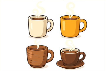 Obraz premium Set of different coffee mugs. Collection of various cups with hot steaming beverage. Vector cartoon illustration for cafe menu, breakfast, or cozy morning drink concept.