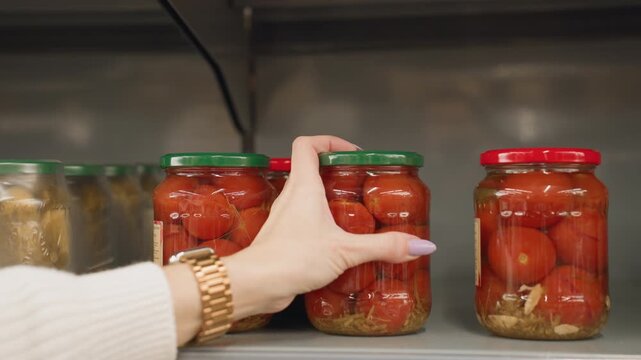 Close up of shopper hand taking transparent glass jar of tomatoes from metal store shelf rails in bright grocery aisle highlighting polished nails wrist watch packaging detail