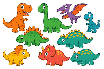Cute cartoon dinosaur set. Collection of funny baby dino characters. Prehistoric animal illustrations for kids. T-rex, triceratops, stegosaurus icons. Vector reptile mascot pack.