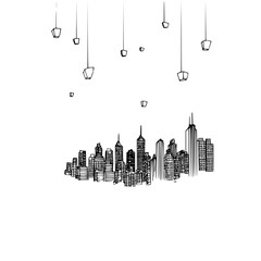 Fototapeta premium Cityscape sketch skyline illustration with hanging lights black and white urban architecture drawing design art