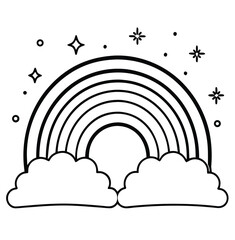 Cloud computing concept with colorful weather icons and a sun and rainbow illustration