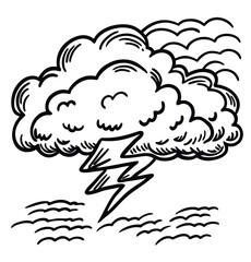 A set of vector icons illustrates various weather conditions, including a cloud with lightning and rain