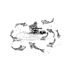Man playing guitar surrounded by fish in pond drawing illustration black and white art design sketch
