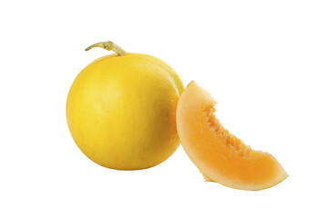 Golden Honeydew Melon with Slice on White Background - Fresh Sweet Fruit