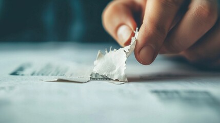 Close-up of a hand tearing up an old financial bill, symbolizing debt elimination, freedom