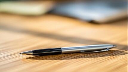 instrument. A single pen lying on a wooden desk with blurred background, professional workspace vibe. pitch deck slides, case study pages, designed for brand storytelling and e-commerce strategy.