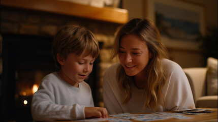 A 7 year old practices spelling words with a parent in a cozy living room with flashcards scattered a fireplace glowing and a clock ticking toward departure depicted in a