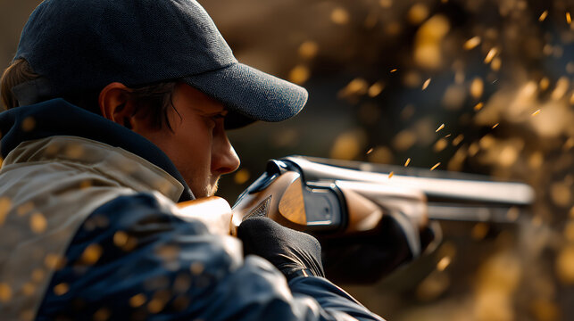 A shooter aims at a clay target in an outdoor range with shotguns shouldered clays launching dust swirling and a coach calling shots rendered in a action packed photo with clay