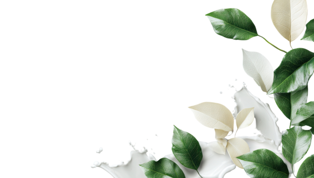 Creamy milk splash, leaves