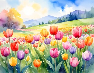 Vibrant spring tulips in a meadow