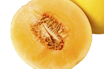 Fresh Yellow Honeydew Melon Cut in Half on White Background