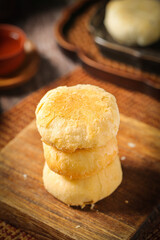 Traditional Chinese Mooncakes on Wooden Board - Mid-Autumn Festival Pastry Food Photography