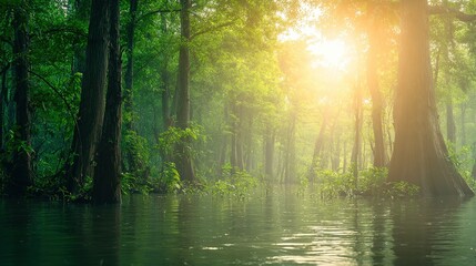 Fototapeta premium Misty forest golden beam reflection, soft focus bokeh background, visible plant texture, cinematic color grading, negative text space