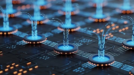 Futuristic and abstract visualization of data processing technology and connected circuitry with glowing elements