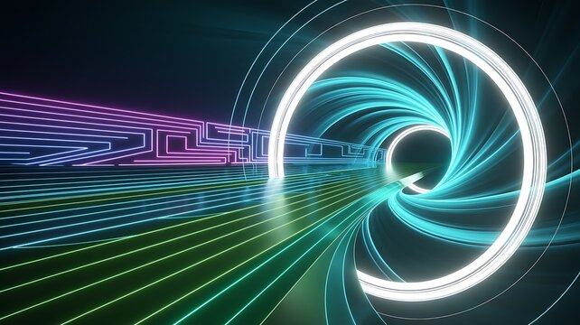 Futuristic abstract neon tunnel scene with flowing blue lines and electric glowing details for digital concepts - Powered by Adobe