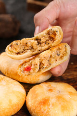 Traditional Chinese Mooncake with Mixed Filling Hand-Held Cross Section Display