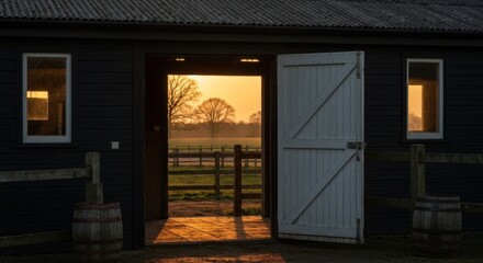 Fototapeta premium Sunset view through a white barn door