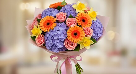 Vibrant floral bouquet displaying roses gerberas and hydrangeas in artistic arrangement