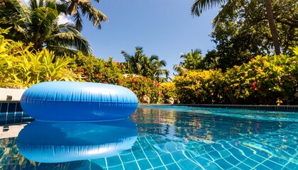 Blue inflatable ring floats on a clear pool, tropical gardens in the background