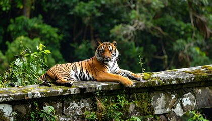 Majestic Tiger Resting Peacefully on a Stone Wall in Lush Greenery.