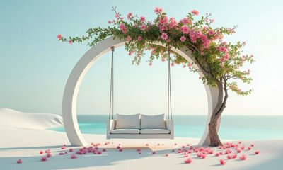 A large, elegant white swing chair with a simple curved frame, suspended gently over the white desert sand. A Bougainvillea tree with lush green leaves and vibrant pink blossoms naturally.