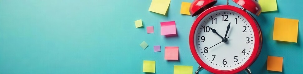 A clock with sticky notes representing time management and productivity, goals, planning