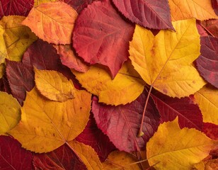 Fototapeta premium Vibrant Autumnal Leaves Pile in Warm Reds Oranges and Yellows Textured Background Close Up