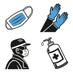 Icons of face mask, gloves, hand sanitizer, and person wearing a mask.
