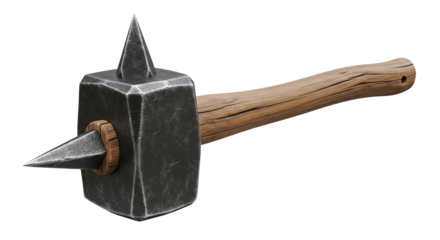 Medieval war hammer with dark iron head and wooden handle showcased against a transparent background