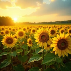 Obraz premium A vibrant field of sunflowers bask in the glow of the sun, showcasing the beauty of nature and farming , growth, bloom