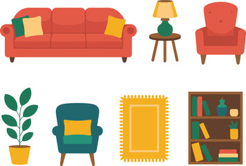Modern home furniture and decor set sofa armchair lamp rug bookshelf plant