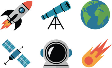 Six flat design space icons featuring rocket telescope earth satellite astronaut helmet meteor
