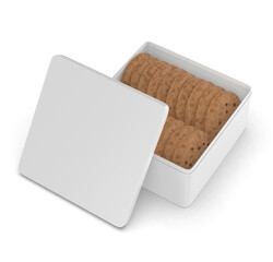 Blank cookie packaging mockups featuring chocolate chip cookies in modern containers. Mockup template. 3D render illustration.