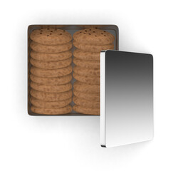 Blank cookie packaging mockups featuring chocolate chip cookies in modern containers. Mockup template. 3D render illustration.