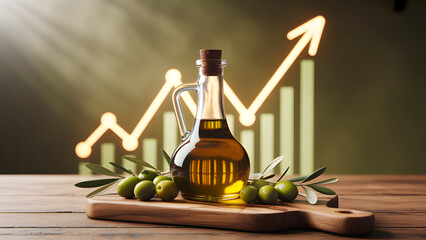 Glass bottle of olive oil with fresh olives on wooden board in front of a glowing upward arrow chart. Higher costs, trade growth, food inflation, market trend.
